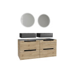 Meuble salle de bains 120cm chêne et noir, vasques rectangulaires et miroirs led ø50cm - omega Aurlane - PACM486
