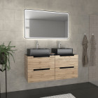 Meuble salle de bains 120cm chêne et noir, vasques rectangulaires et miroir black led 120x70 - omega Aurlane - PACM502