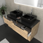 Meuble salle de bains 120cm chêne et noir, vasques carrées et miroir led 120x70 - omega Aurlane - PACM508