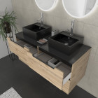 Meuble salle de bains 120cm chêne et noir, vasques carrées et miroirs led ø50cm - omega Aurlane - PACM509