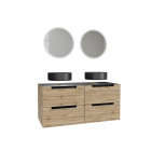 Meuble salle de bains 120cm chêne et noir, vasques rondes ø36cm et miroirs led ø50cm - omega Aurlane - PACM578