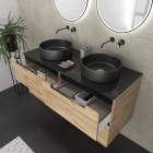 Meuble salle de bains 120cm chêne et noir, vasques rondes ø36cm et miroirs black led ø50cm - omega Aurlane - PACM588