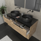 Meuble salle de bains 120cm chêne et noir, vasques rondes ø36 & miroirs avec appliques 55x75 - omega Aurlane - PACM599