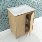 Pack meuble salle de bains 60cm chêne clair 2 portes, vasque, miroir 60x80 à leds intégrées - xenos Aurlane - PACM612