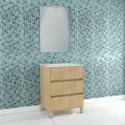 Pack meuble salle de bains 60cm chêne clair 3 tiroirs, vasque, miroir 60x80 et réglette led - xenos Aurlane - PACM619