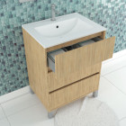 Pack meuble salle de bains 60cm chêne clair 3 tiroirs, vasque, miroir 60x80 à leds intégrées - xenos Aurlane - PACM620