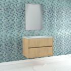 Pack meuble salle de bains 80cm chêne clair 2 tiroirs, vasque, miroir 60x80 et réglette led - xenos Aurlane - PACM627
