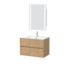 Pack meuble salle de bains 80cm chêne clair 2 tiroirs, vasque, miroir 60x80 à leds intégrées - xenos Aurlane - PACM628