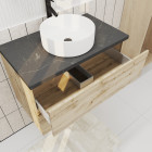 Meuble salle de bains 80cm chêne naturel 2 tiroirs plan en bois effet marbre noir + vasque ronde blanche Aurlane - PACM672