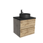 Meuble salle de bains 60cm chêne naturel 2 tiroirs plan en bois effet marbre noir + vasque ronde noire Aurlane - PACM673