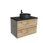 Meuble salle de bains 80cm chêne naturel 2 tiroirs plan en bois effet marbre noir + vasque ronde noire
