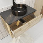 Meuble salle de bains 80cm chêne naturel 2 Tiroirs - Plan effet marbre noir + Vasque Ronde Noire - PACM674