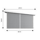 Abri bois composite alma - 15m² gris clair - epaisseur des madriers : 28mm - cabane de jardin - grilles d'aeration - porte double - gouttiere