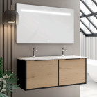 Meuble de salle de bain simple vasque - 2 façades et 4 tiroirs - alba et miroir led stam - noir-chêne - 120cm