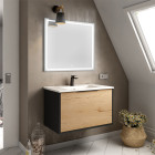 Meuble de salle de bain simple vasque - 1 façade et 2 tiroirs - alba et miroir veldi - noir-chêne - 80cm