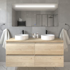 Meuble de salle de bain avec vasques rondes balea et miroir led stam - bambou (chêne clair) - 120cm