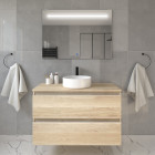 Meuble de salle de bain avec vasque à poser ronde balea et miroir led stam - bambou (chêne clair) - 100cm