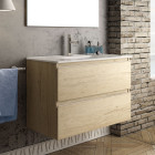 Meuble de salle de bain 70cm simple vasque - 2 tiroirs - sans miroir - balea - bambou (chêne clair)