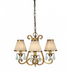 Chandelier oksana, laiton antique, gouttes cristal, 3 abat-jours beiges Chandelier oksana, laiton antique, gouttes cristal, 3 abat-jours beiges