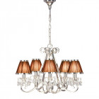 Chandelier oksana, nickel poli, pampilles cristal, 5 abat-jours chocolat