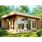 Chalet en bois LUMIO - 2 doubles portes + 3 baies fixes - madriers épais (44mm) - serrure à cylindre - terrasse - garantie 5 ans - Surface en m² au choix