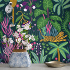 Papier peint jungle tropicale avec des singes et des tigres - TIGER++