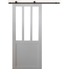 Porte coulissante atelier en enrobe blanc largeur 73 + rail en acier noir + 2 coquilles posees