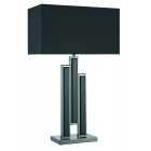 Lampe de table colonne effet miroir et chrome noir, abat-jour simili soie noire
