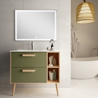 Meuble de salle de bain vasque déportée - 2 tiroirs - malia et miroir led veldi - vert olive - 80cm