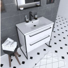 Meuble de salle de bain 80x50cm Blanc -2 tiroirs - vasque résine blanche - pieds et poignées Aurlane - PACM010