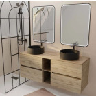 Meuble salle de bains 140 TIMBER Décor chêne 4 Tiroirs et Module Vasques noires Miroirs LED 60x80 Aurlane - PACM857