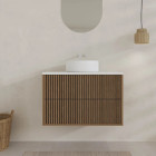 Meuble salle de bains 60cm 2 Tiroirs décor chêne et noir cranté - Plan et vasque blanche - YUKI Aurlane - PACM904