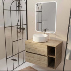 Meuble salle de bains 80 TIMBER Décor chêne Tiroirs + Module - Vasque Blanche - Miroir 60x80 LED Aurlane - PACM824