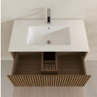 Meuble salle de bains 80cm 2 Tiroirs décor chêne et noir cranté - Vasque blanche mate - YUKI Aurlane - PACM899