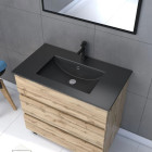 Meuble salle de bains 80cm décor chêne naturel 3 tiroirs - Vasque noire et Miroir - TIMBER Aurlane - PACM227