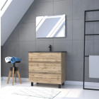 Meuble salle de bains 80cm décor chêne naturel 3 tiroirs - Vasque noire et Miroir Led - TIMBER Aurlane - PACM228
