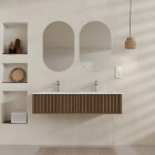 Meuble salle de bains YUKI 120 - 2 Tiroirs décor chêne et noir - Vasque Blanche - Miroirs ovales 50x80 - YUKI Aurlane - PACM884