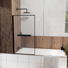 Pare baignoire rabattable 75x130 cm en verre trempé - porte-serviette et etagère noir mat Aurlane - FAC1012
