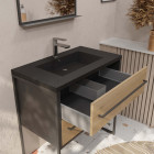 Pack meuble salle de bain 80 cm noir mat & bois 2 tiroirs - vasque noire effet pierre - miroir Aurlane - LAV562