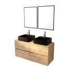 Meuble salle de bains 120cm 4 tiroirs chêne naturel, 2 vasques noires 41x41x15cm, 2 miroirs 55x75cm Aurlane - PACM765