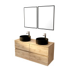 Meuble salle de bains 120cm 4 tiroirs chêne naturel, 2 vasques noires ø36cm et 2 miroirs 55x75 cm Aurlane - PACM766