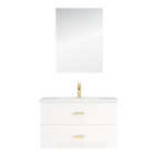 Meuble salle de bains 80 cm laqué blanc et or doré à tiroirs avec vasque céramique et miroir Aurlane - PACM699