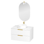 Meuble salle de bains 80cm laqué blanc et or doré 2 tiroirs - vasque blanche - miroir & applique led Aurlane - PACM678