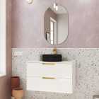 Meuble salle de bains 80cm laqué blanc et or doré 2 tiroirs - vasque noire - miroir & applique led Aurlane - PACM679