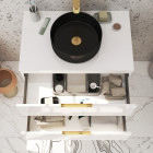 Meuble salle de bains 80cm laqué blanc et or doré 2 tiroirs - vasque noire - miroir & applique led Aurlane - PACM679