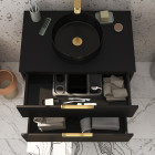 Meuble salle de bains 80 cm laqué noir mat et or doré - 2 tiroirs - vasque ronde à poser noire Aurlane - PACM677