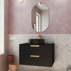 Meuble salle de bains 80cm noir mat et or doré 2 tiroirs - vasque noire - miroir & applique led Aurlane - PACM680