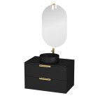 Meuble salle de bains 80cm noir mat et or doré 2 tiroirs - vasque noire - miroir & applique led Aurlane - PACM680