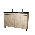 Meuble de salle de bains 120 cm 4 portes chêne naturel + vasque double céramique noire - timber Aurlane - PACM710