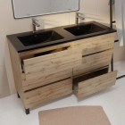 Meuble de salle de bains 120 cm 6 tiroirs chêne naturel + vasque double céramique noire - timber Aurlane - PACM712